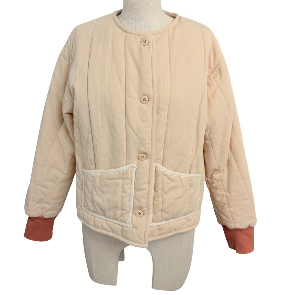 Roolee Womens Quilted Cotton Jacket Beige Rust Button Front Patch Pockets Small